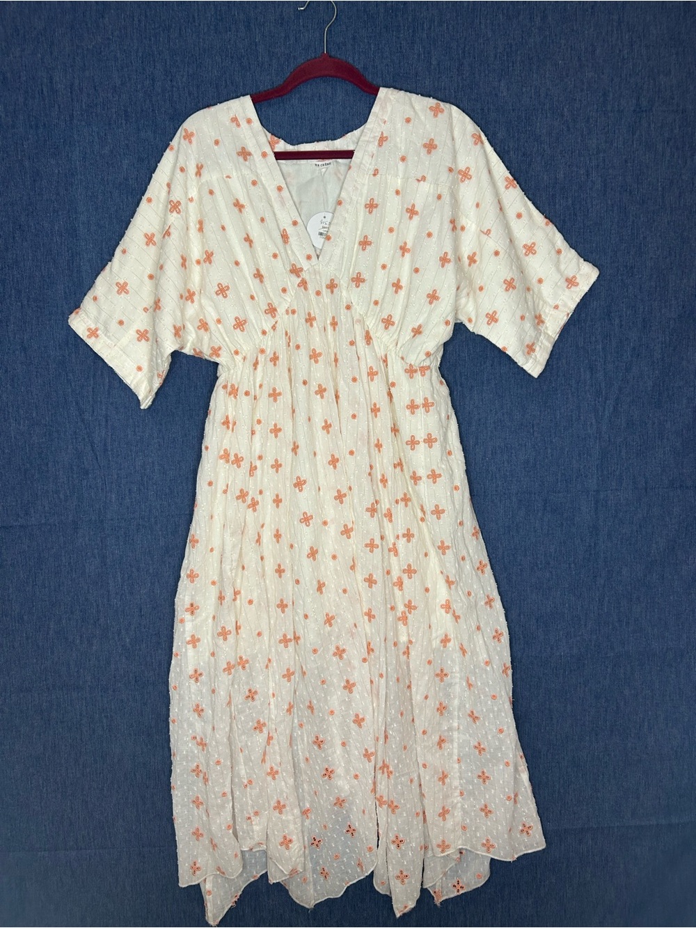 En Creme white Midi Dress with Peach Floral Embroidery